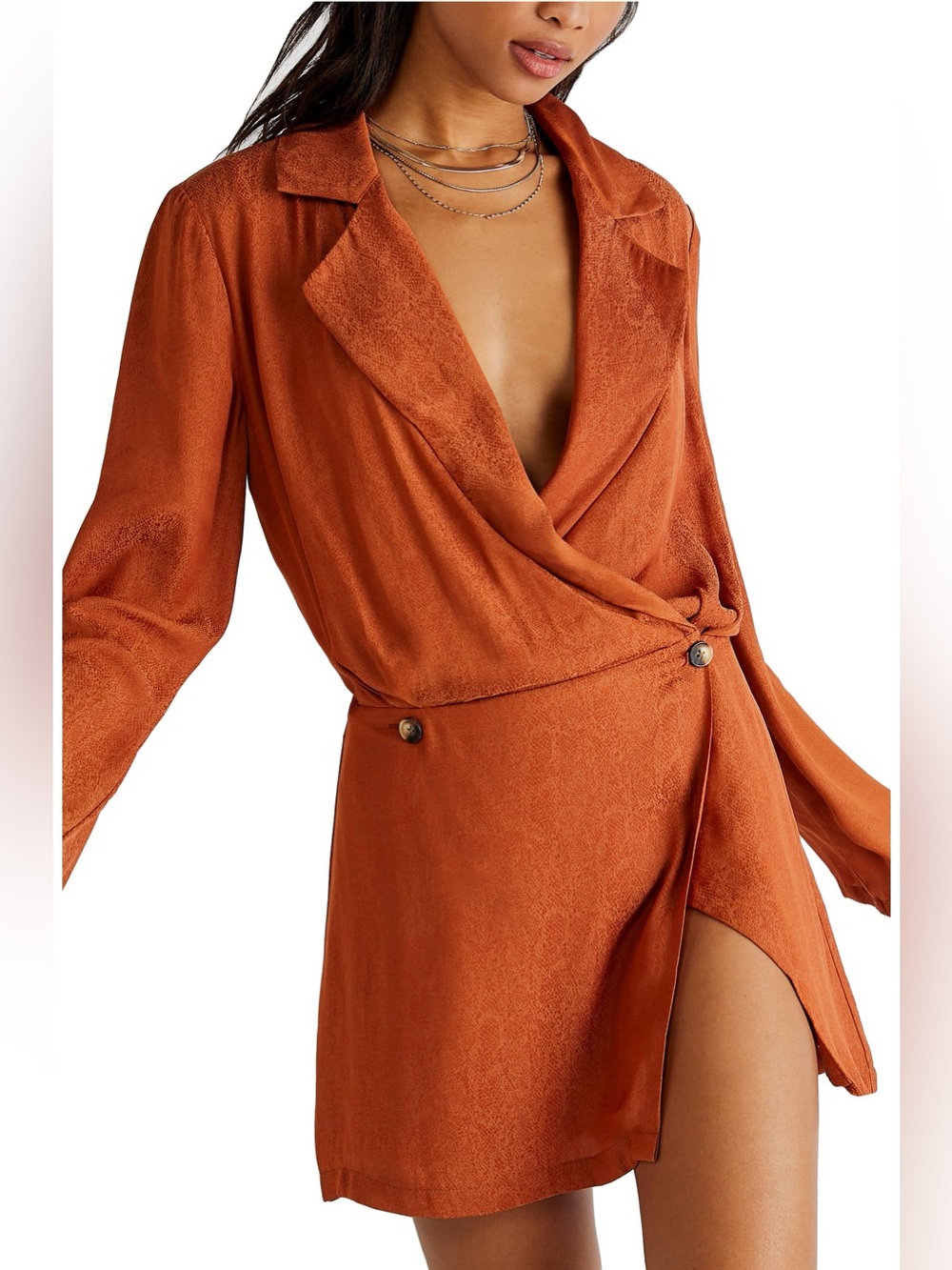 Free People Simone Notch Lapel Wrap Mini Dress Cinnabar Burnt Orange Small